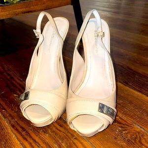 BCBG Nude Peep Toe Heels with Ankle Strap and Metal Clasp Detail